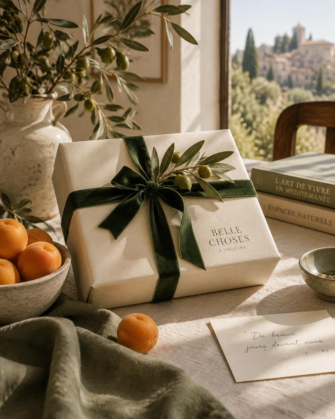 A gift wrapped in forest green paper with an apricot silk ribbon, beside eucalyptus and a candle